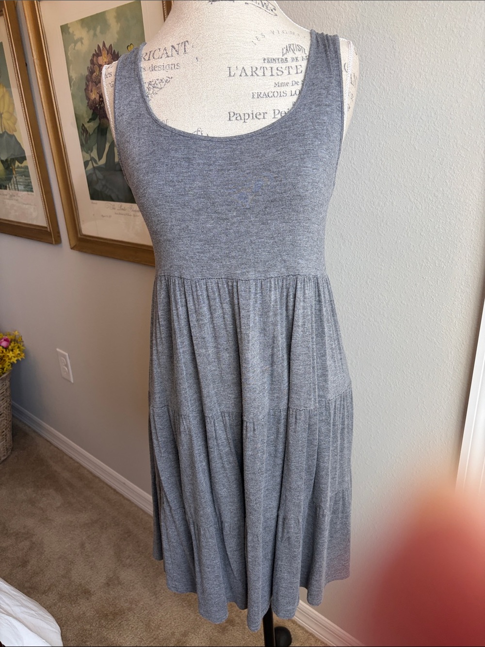 Pink Rose Gray Sleeveless Tiered Midi Dress